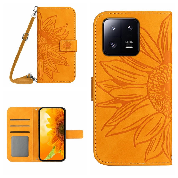 For Xiaomi 13 HT04 Skin Feel Sun Flower Embossed Flip Leather Phone Case with Lanyard