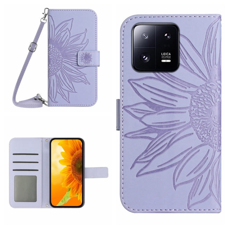 For Xiaomi 13 Pro HT04 Skin Feel Sun Flower Embossed Flip Leather Phone Case with Lanyard