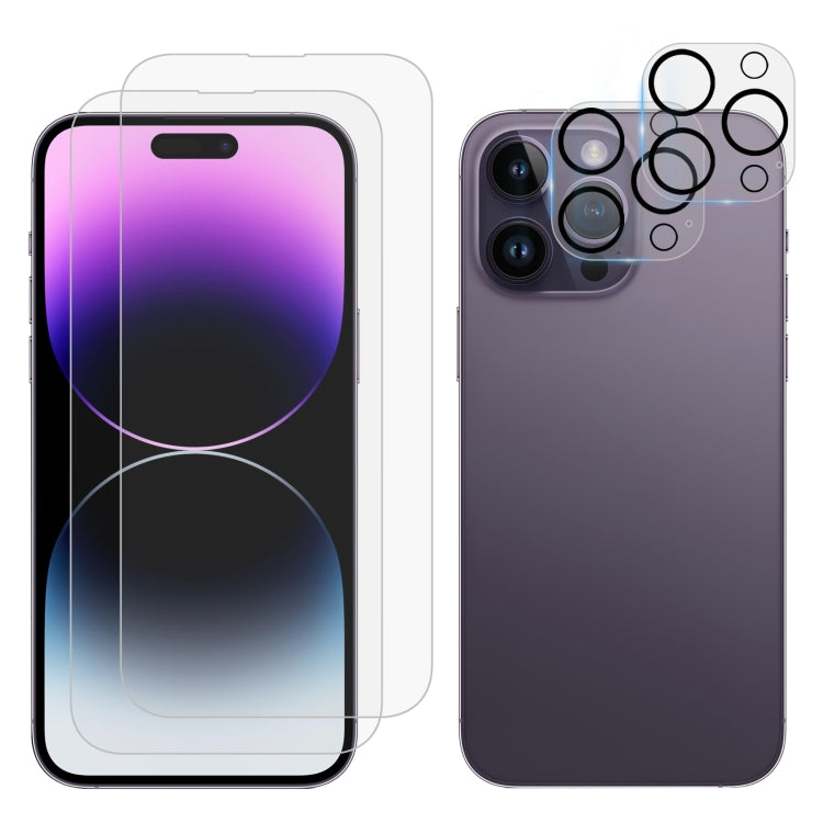 For iPhone 14 Pro Max 2pcs 0.26mm 9H 2.5D Tempered Glass Screen Film with 2pcs Lens Protector