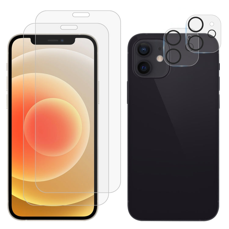 For iPhone 12 2pcs 0.26mm 9H 2.5D Tempered Glass Screen Film with 2pcs Lens Protector