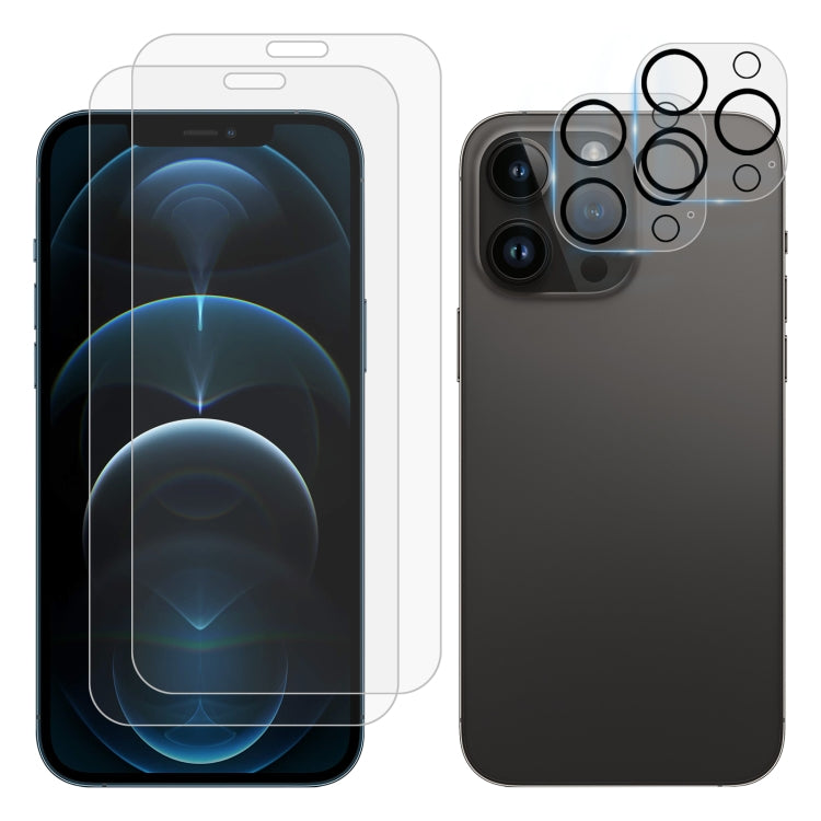 For iPhone 12 Pro Max 2pcs 0.26mm 9H 2.5D Tempered Glass Screen Film with 2pcs Lens Protector