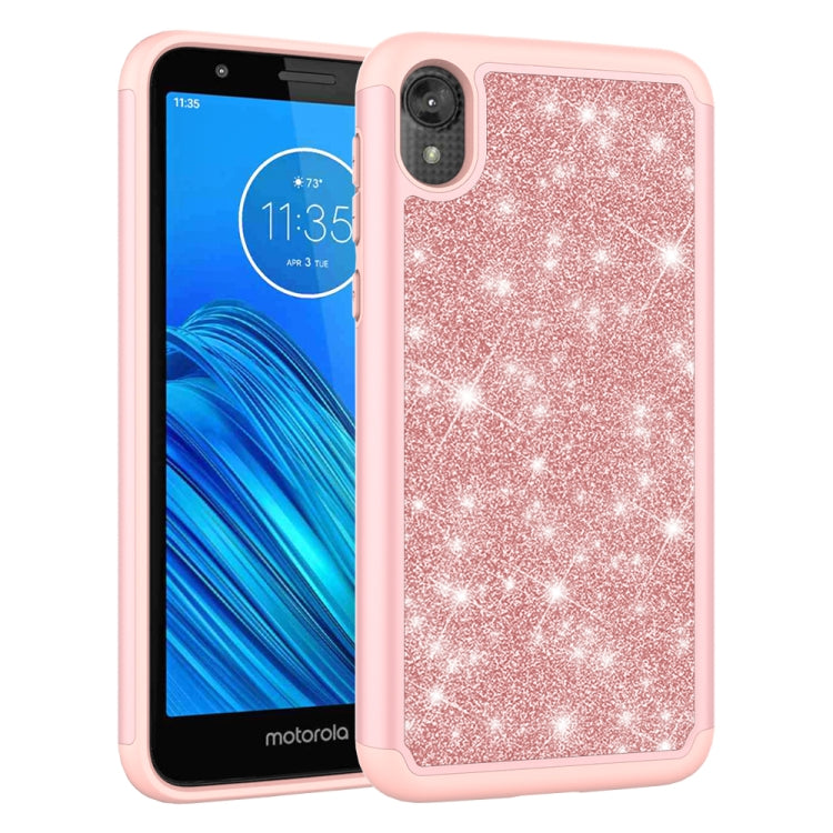 For Motorola Moto E6 Glitter Powder Contrast Skin Shockproof Silicone + PC Protective Case(Rose Gold)