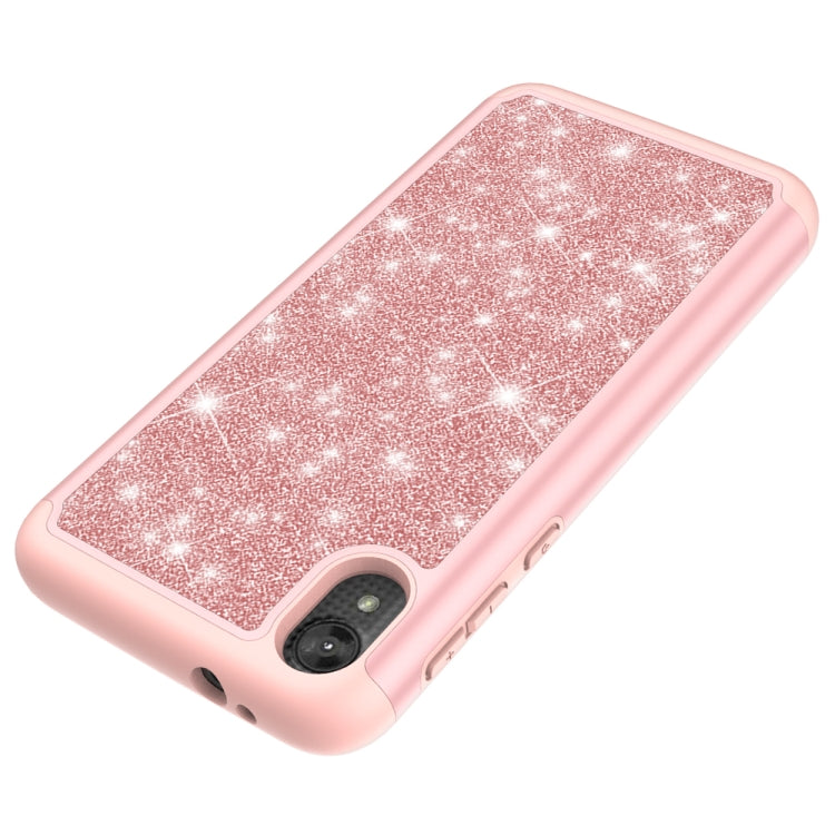 For Motorola Moto E6 Glitter Powder Contrast Skin Shockproof Silicone + PC Protective Case(Rose Gold)
