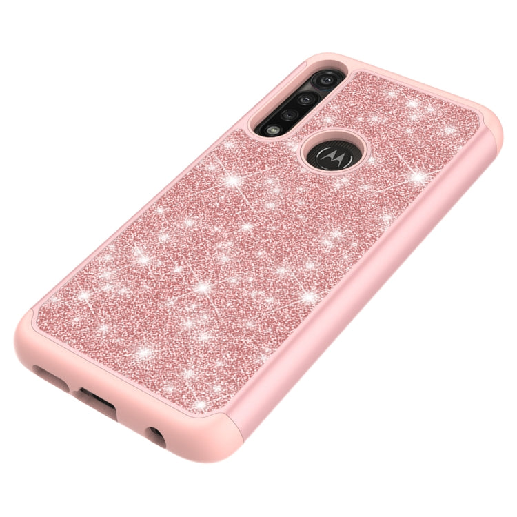 For Motorola Moto G Power(2020) Glitter Powder Contrast Skin Shockproof Silicone + PC Protective Case(Rose Gold)