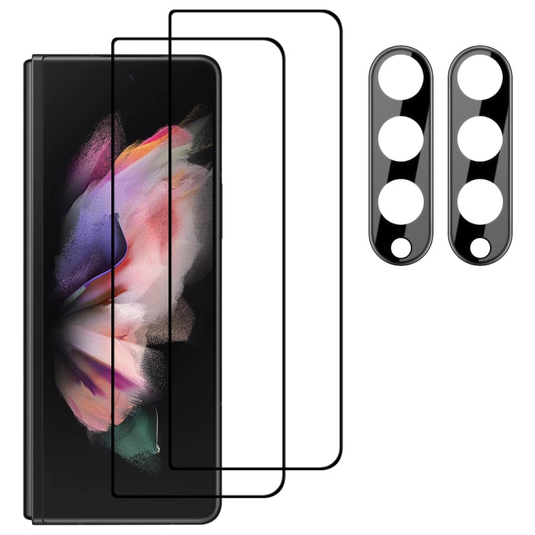 For Samsung Galaxy Z Fold3 5G 2pcs Full Glue Full Screen Tempered Glass Film with 2pcs Lens Protector