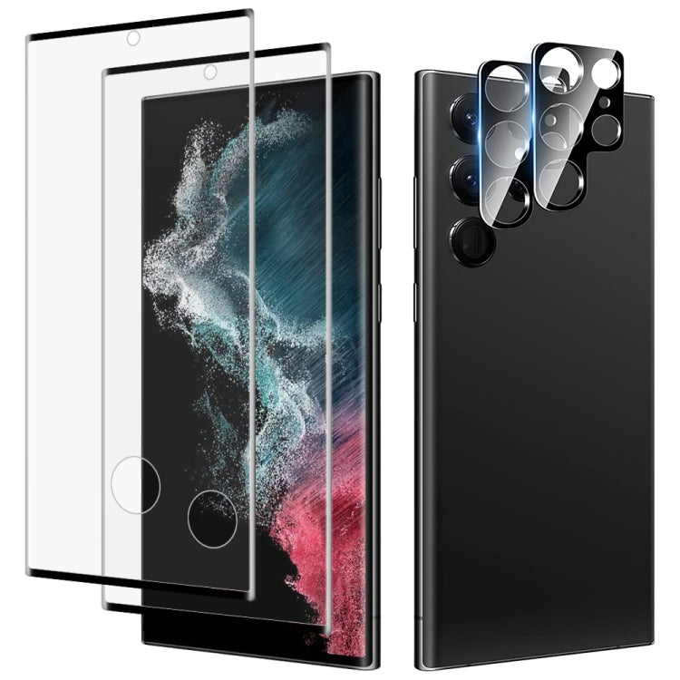 For Samsung Galaxy S23 Ultra 5G 2pcs 3D Edge Glue Tempered Glass Full Film with 2pcs Aluminum Lens Film Set, Support Fingerprint Unlock