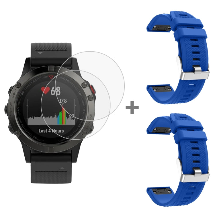 For Garmin Fenix 5 2pcs Silicone Watch Band with 2pcs Tempered Glass Film
