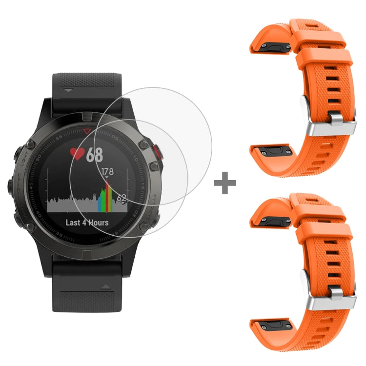 For Garmin Fenix 5 2pcs Silicone Watch Band with 2pcs Tempered Glass Film