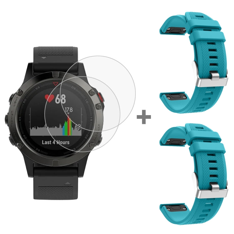 For Garmin Fenix 5 2pcs Silicone Watch Band with 2pcs Tempered Glass Film