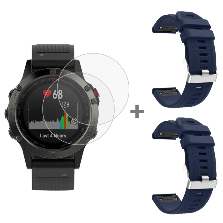 For Garmin Fenix 5 2pcs Silicone Watch Band with 2pcs Tempered Glass Film