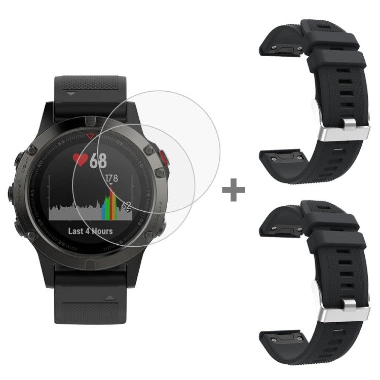 For Garmin Fenix 5 2pcs Silicone Watch Band with 2pcs Tempered Glass Film