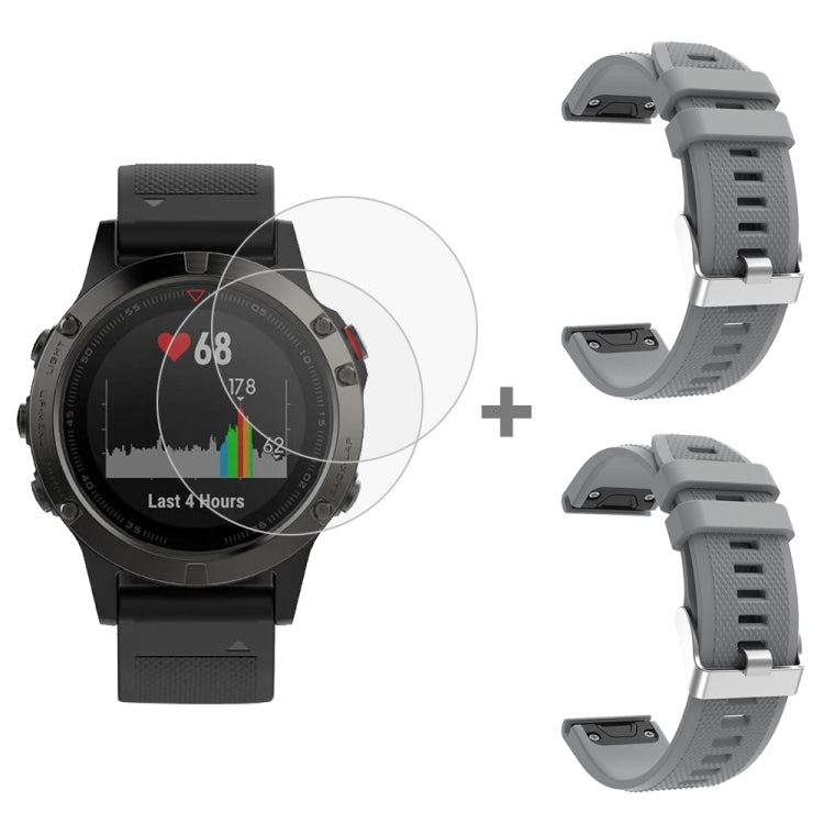 For Garmin Fenix 5 2pcs Silicone Watch Band with 2pcs Tempered Glass Film