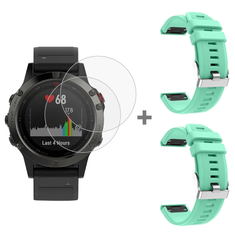 For Garmin Fenix 5 2pcs Silicone Watch Band with 2pcs Tempered Glass Film