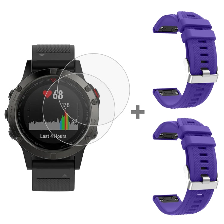 For Garmin Fenix 5 2pcs Silicone Watch Band with 2pcs Tempered Glass Film