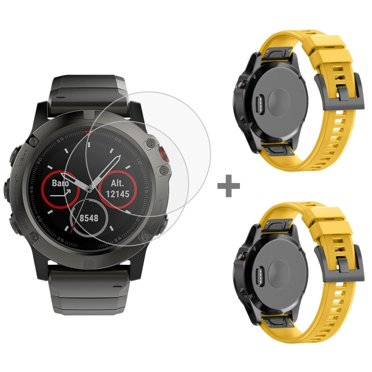 For Garmin Fenix 5X 26mm 2pcs Quick Removable Silicone Watch Band with 2pcs Tempered Glass Film