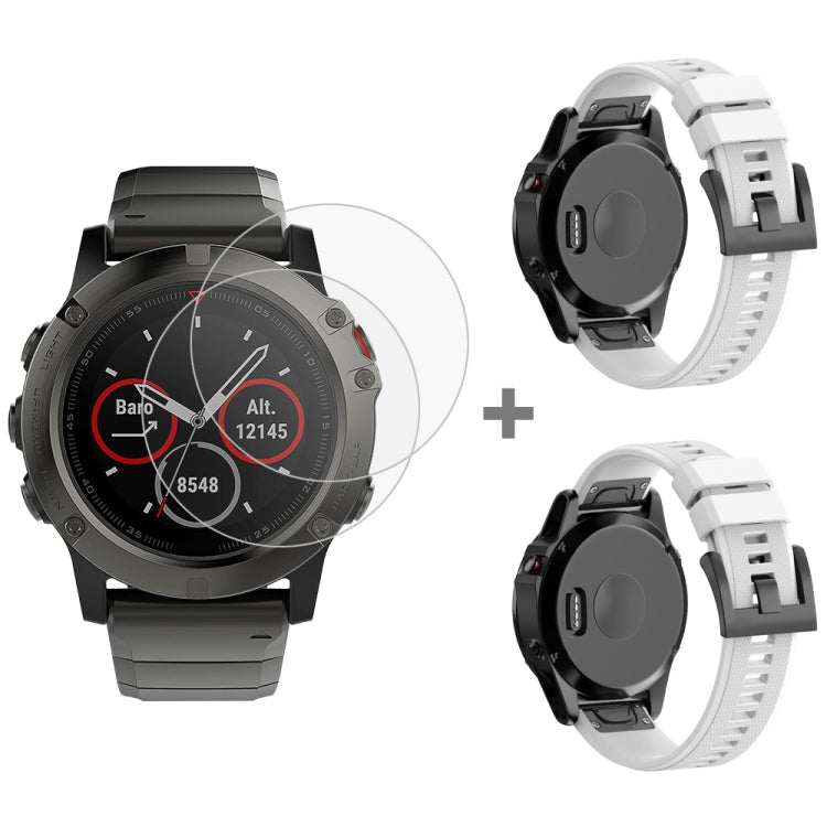 For Garmin Fenix 5X 26mm 2pcs Quick Removable Silicone Watch Band with 2pcs Tempered Glass Film