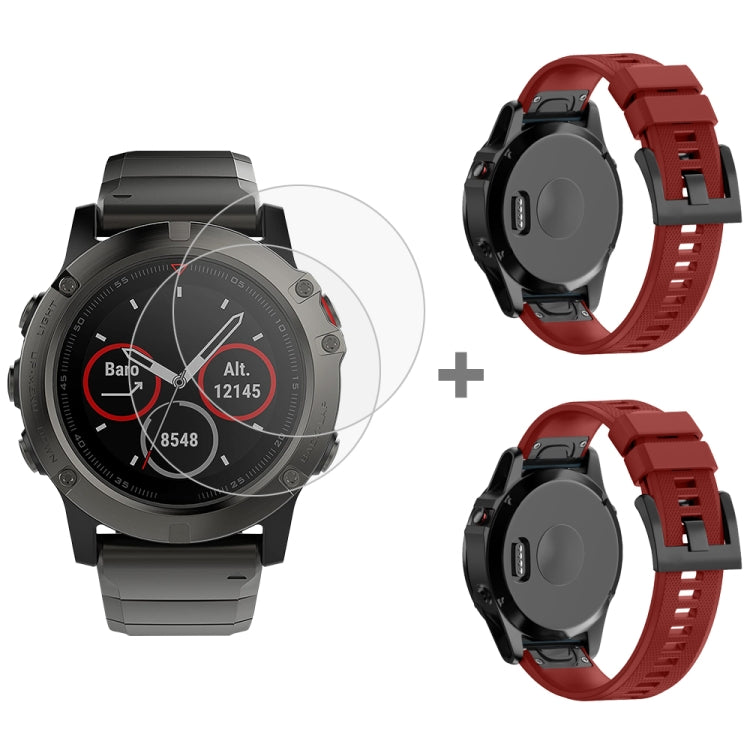 For Garmin Fenix 5X 26mm 2pcs Quick Removable Silicone Watch Band with 2pcs Tempered Glass Film