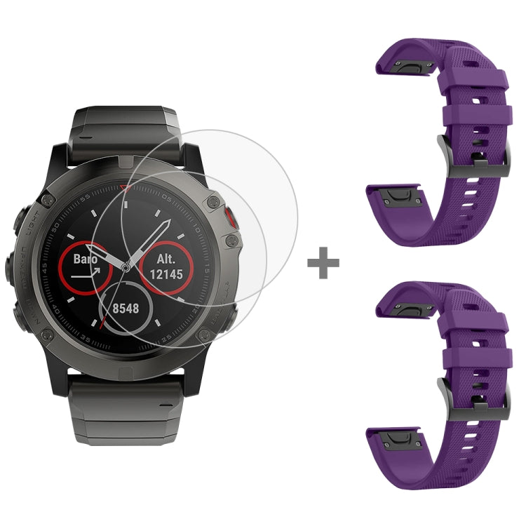 For Garmin Fenix 5X 26mm 2pcs Quick Removable Silicone Watch Band with 2pcs Tempered Glass Film