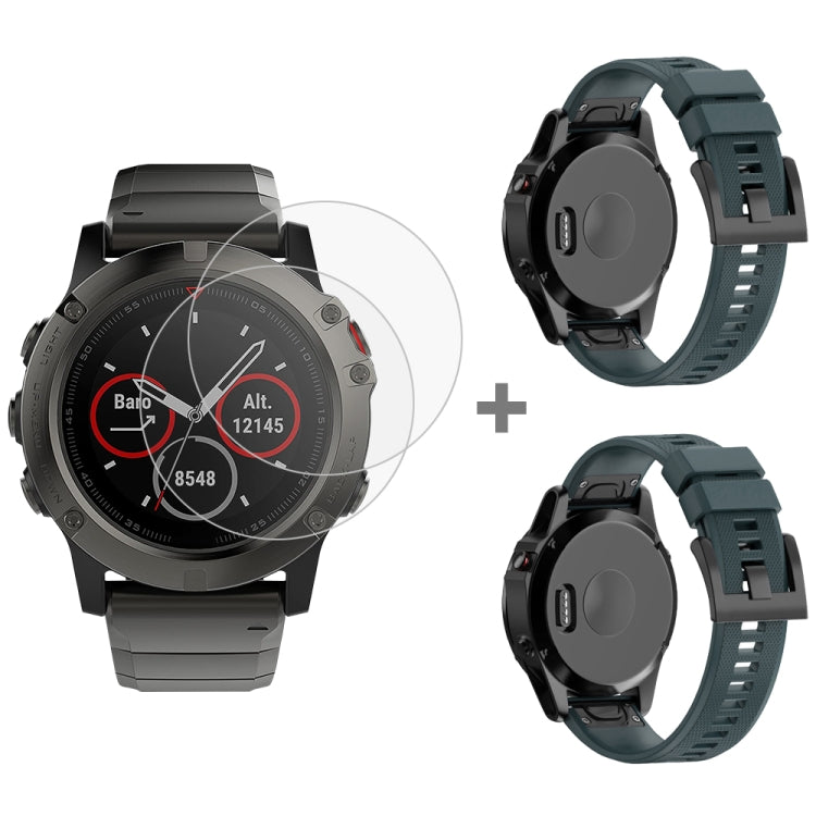 For Garmin Fenix 5X 26mm 2pcs Quick Removable Silicone Watch Band with 2pcs Tempered Glass Film
