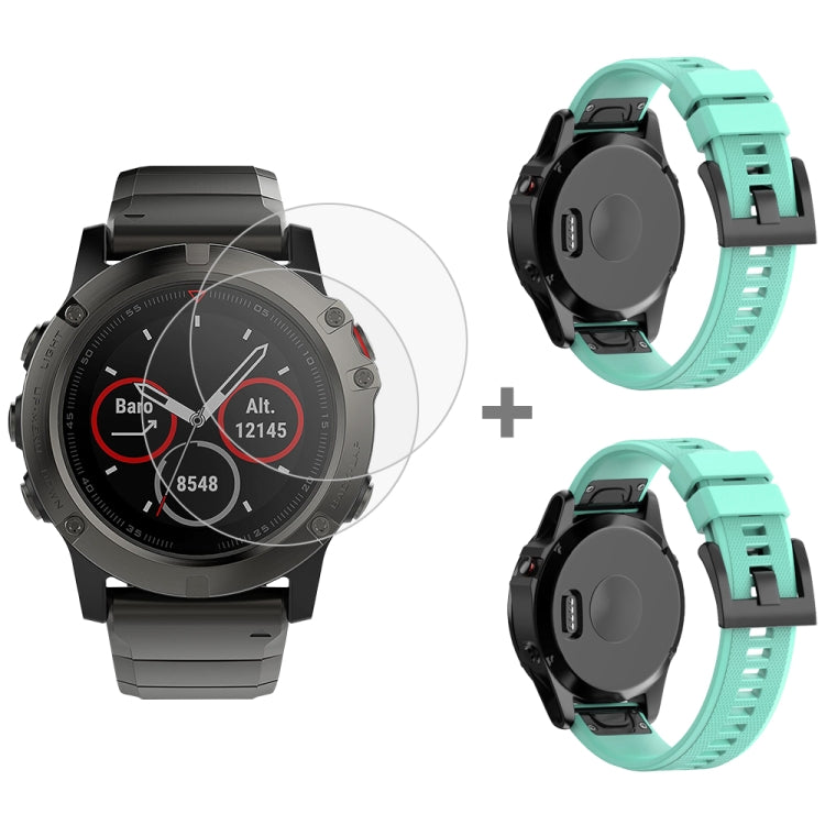 For Garmin Fenix 5X 26mm 2pcs Quick Removable Silicone Watch Band with 2pcs Tempered Glass Film