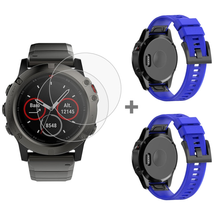 For Garmin Fenix 5X 26mm 2pcs Quick Removable Silicone Watch Band with 2pcs Tempered Glass Film