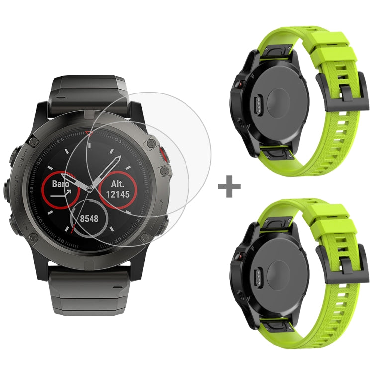 For Garmin Fenix 5X 26mm 2pcs Quick Removable Silicone Watch Band with 2pcs Tempered Glass Film