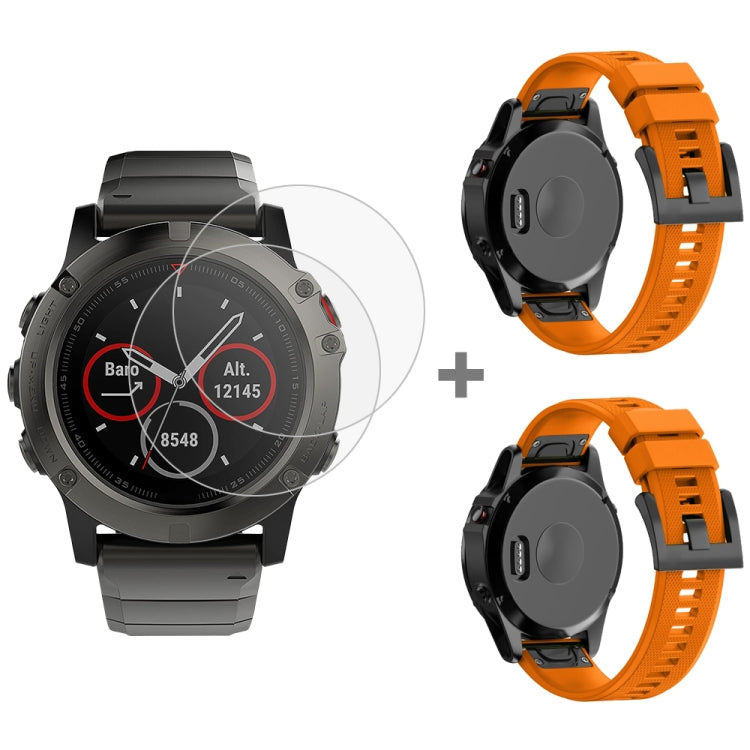 For Garmin Fenix 5X 26mm 2pcs Quick Removable Silicone Watch Band with 2pcs Tempered Glass Film