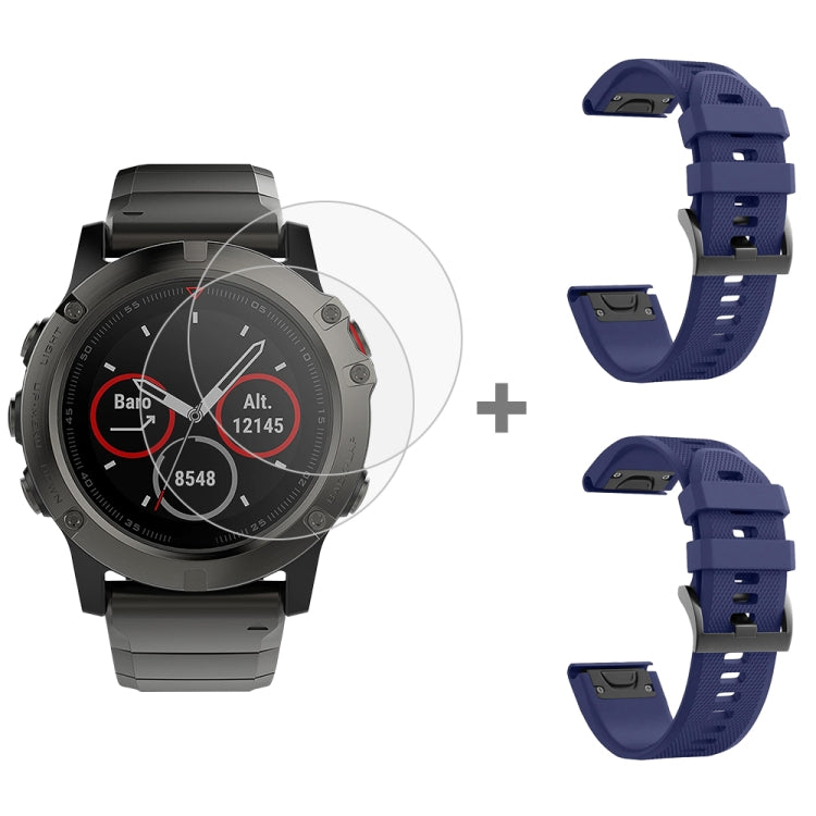 For Garmin Fenix 5X 26mm 2pcs Quick Removable Silicone Watch Band with 2pcs Tempered Glass Film