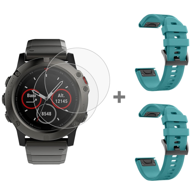 For Garmin Fenix 5X 26mm 2pcs Quick Removable Silicone Watch Band with 2pcs Tempered Glass Film