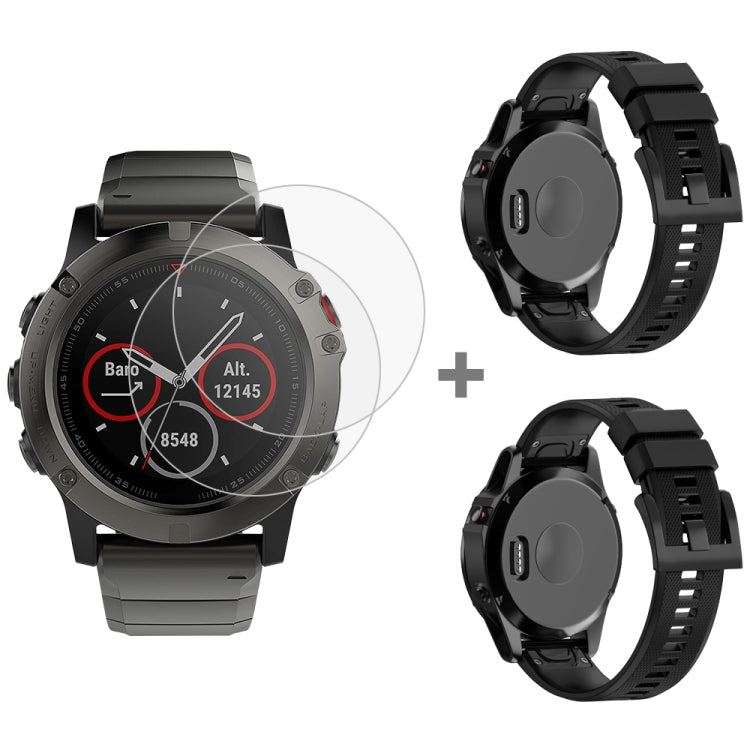For Garmin Fenix 5X 26mm 2pcs Quick Removable Silicone Watch Band with 2pcs Tempered Glass Film