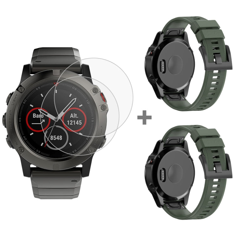 For Garmin Fenix 5X 26mm 2pcs Quick Removable Silicone Watch Band with 2pcs Tempered Glass Film