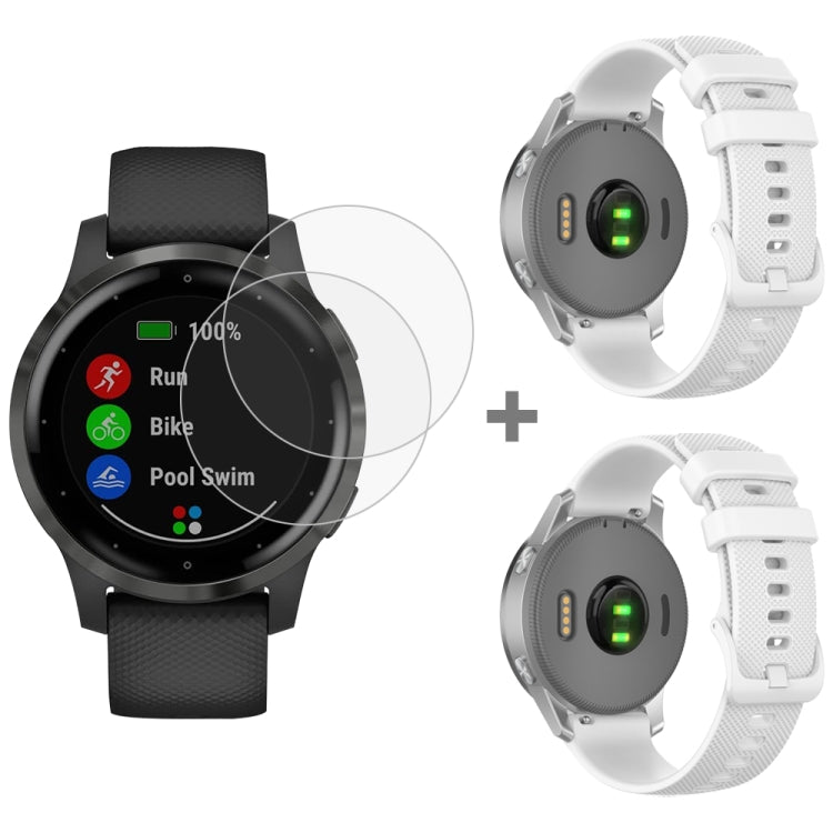 For Garmin Vivoactive 4S 2pcs Small Plaid Silicone Watch Band with 2pcs Tempered Glass Film