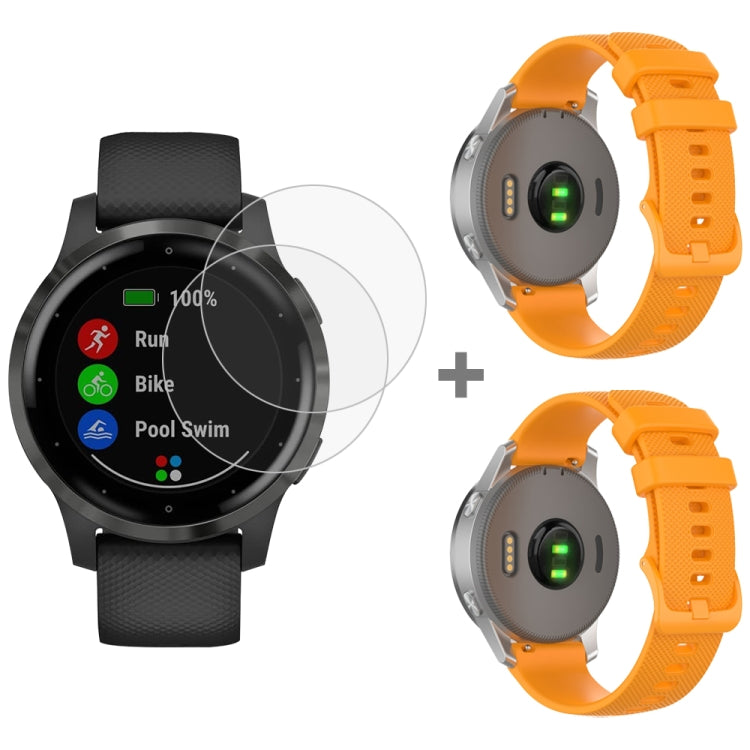 For Garmin Vivoactive 4S 2pcs Small Plaid Silicone Watch Band with 2pcs Tempered Glass Film