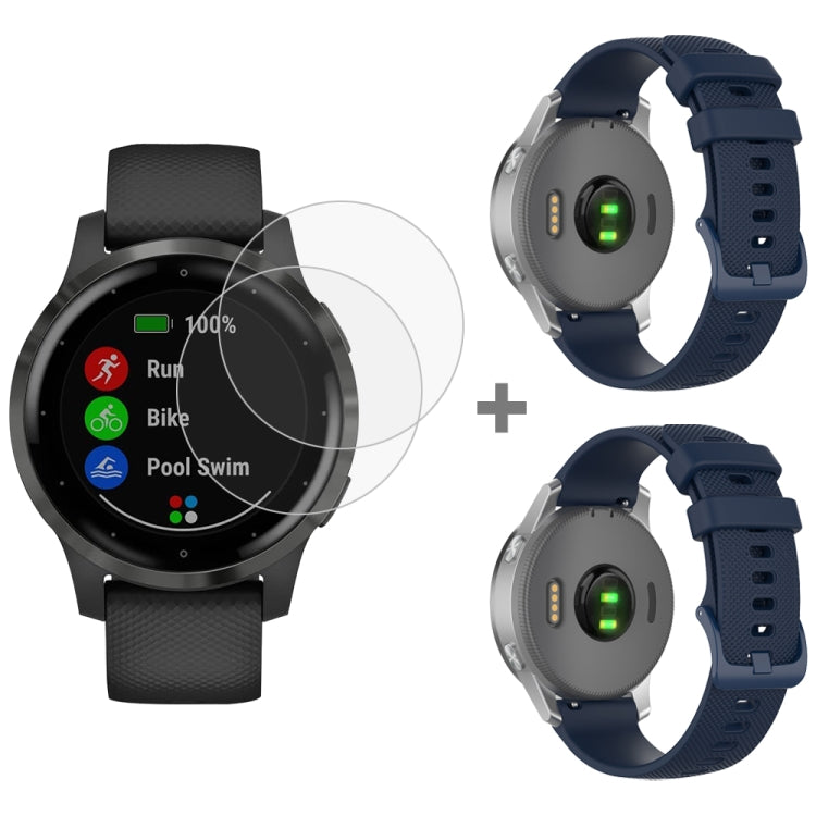 For Garmin Vivoactive 4S 2pcs Small Plaid Silicone Watch Band with 2pcs Tempered Glass Film