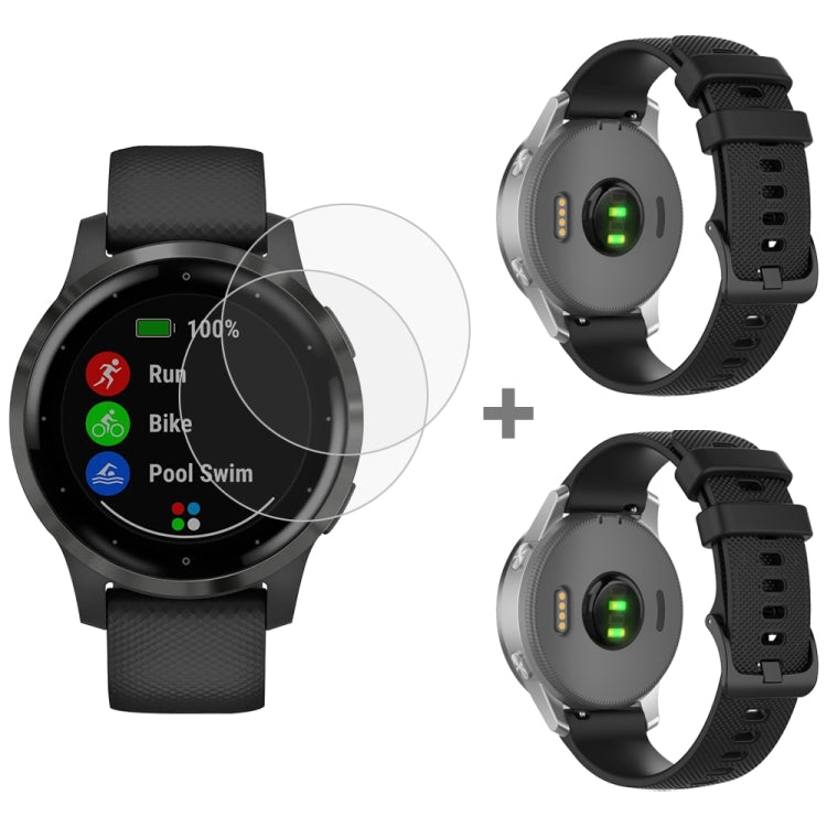For Garmin Vivoactive 4S 2pcs Small Plaid Silicone Watch Band with 2pcs Tempered Glass Film