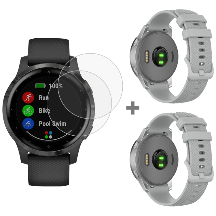 For Garmin Vivoactive 4S 2pcs Small Plaid Silicone Watch Band with 2pcs Tempered Glass Film
