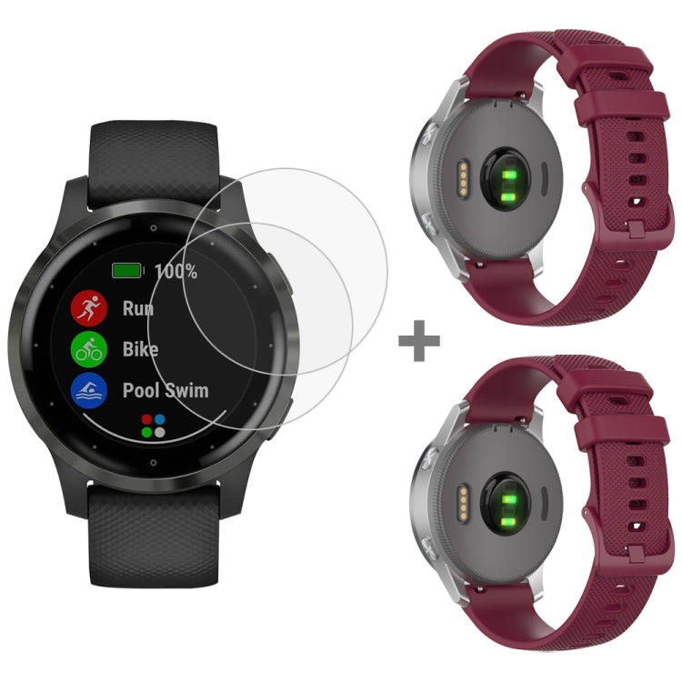 For Garmin Vivoactive 4S 2pcs Small Plaid Silicone Watch Band with 2pcs Tempered Glass Film