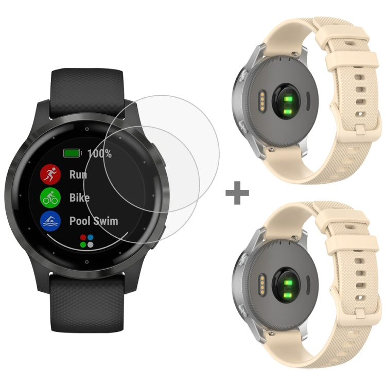 For Garmin Vivoactive 4S 2pcs Small Plaid Silicone Watch Band with 2pcs Tempered Glass Film