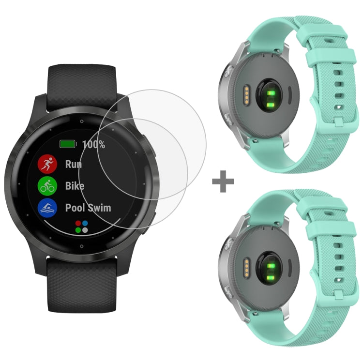 For Garmin Vivoactive 4S 2pcs Small Plaid Silicone Watch Band with 2pcs Tempered Glass Film