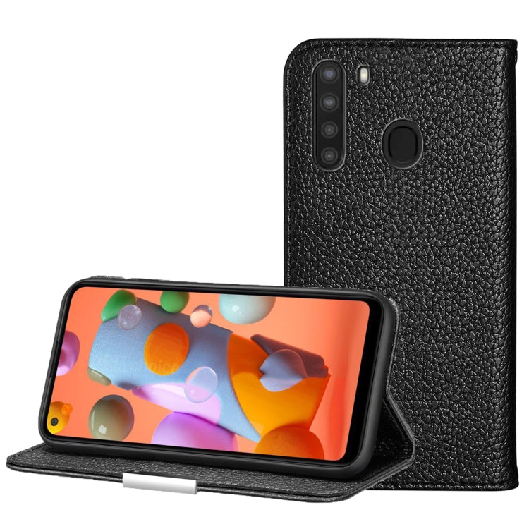 For Galaxy A21 Litchi Texture Solid Color Horizontal Flip Leather Case with Bracket & Card Slots & Wallet & Lanyard