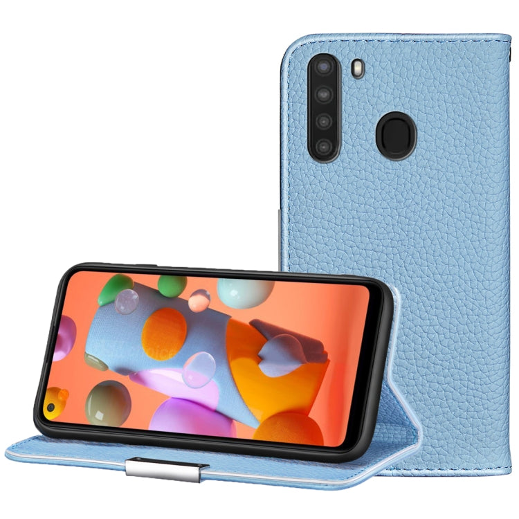 For Galaxy A21 Litchi Texture Solid Color Horizontal Flip Leather Case with Bracket & Card Slots & Wallet & Lanyard