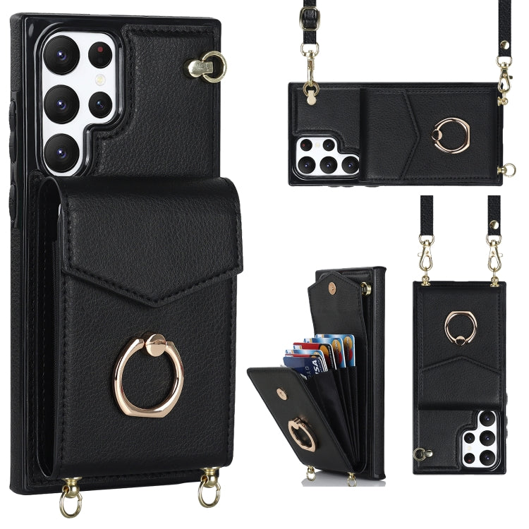 For Samsung Galaxy S22 Ultra 5G Ring Holder RFID Card Slot Phone Case with Long Lanyard