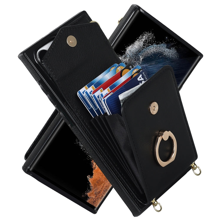 For Samsung Galaxy S22 Ultra 5G Ring Holder RFID Card Slot Phone Case with Long Lanyard