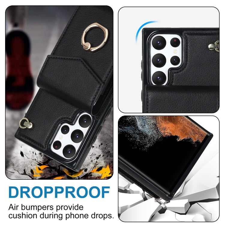 For Samsung Galaxy S22 Ultra 5G Ring Holder RFID Card Slot Phone Case with Long Lanyard
