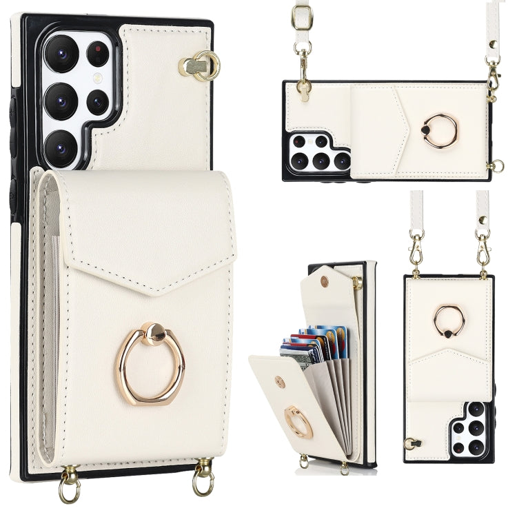 For Samsung Galaxy S22 Ultra 5G Ring Holder RFID Card Slot Phone Case with Long Lanyard
