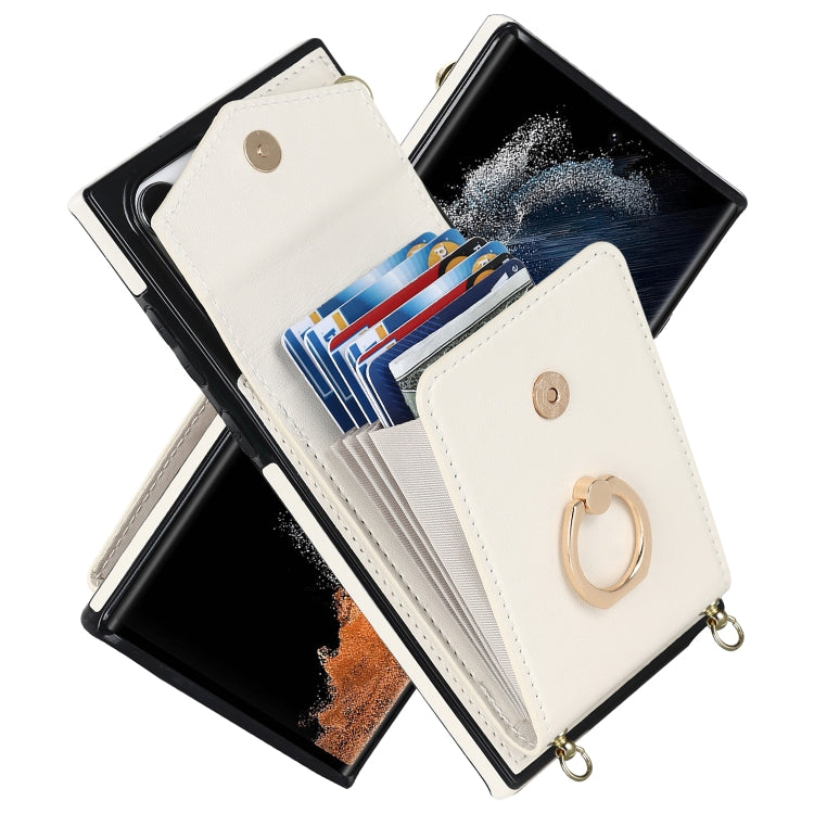 For Samsung Galaxy S22 Ultra 5G Ring Holder RFID Card Slot Phone Case with Long Lanyard
