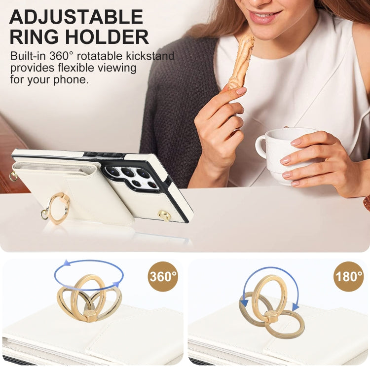 For Samsung Galaxy S22 Ultra 5G Ring Holder RFID Card Slot Phone Case with Long Lanyard