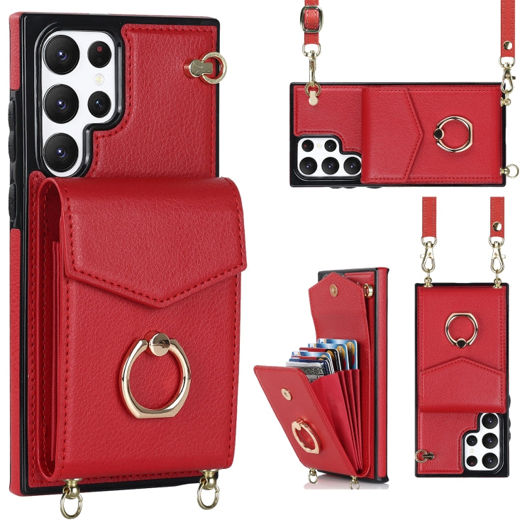For Samsung Galaxy S22 Ultra 5G Ring Holder RFID Card Slot Phone Case with Long Lanyard