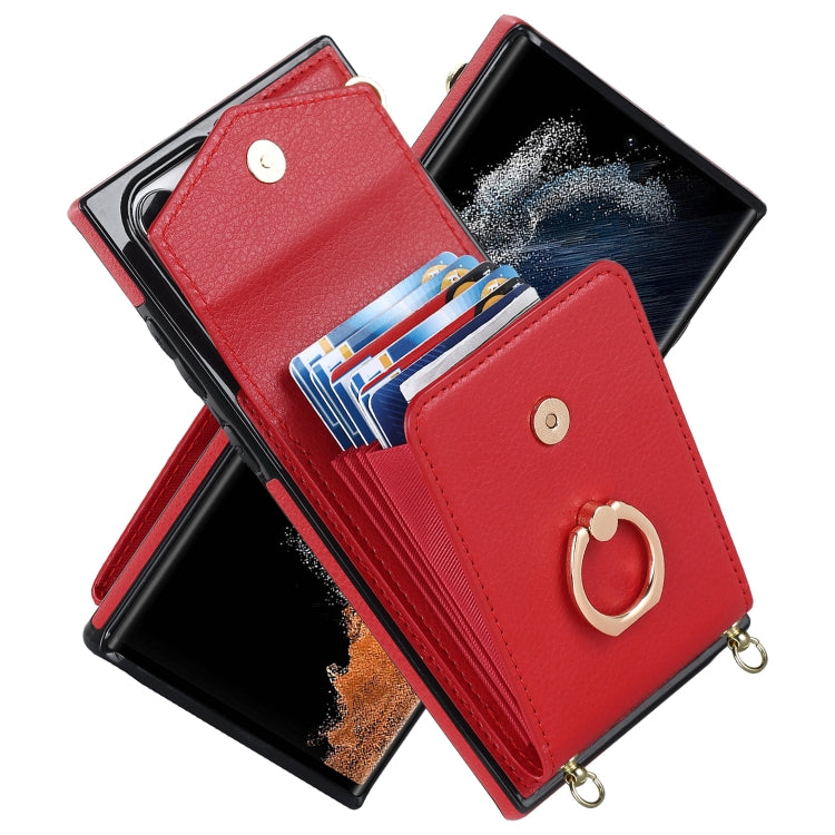For Samsung Galaxy S22 Ultra 5G Ring Holder RFID Card Slot Phone Case with Long Lanyard