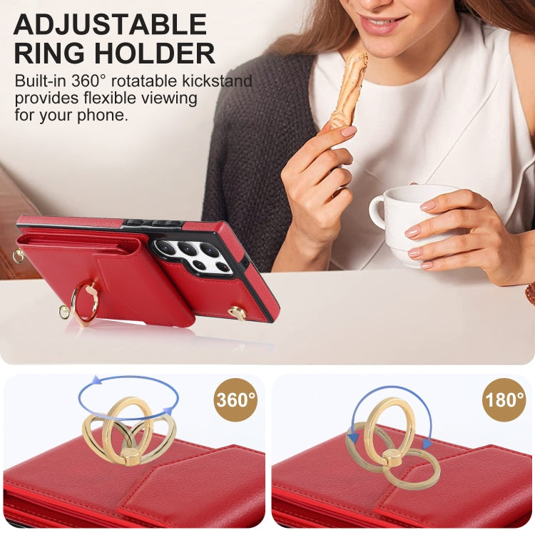 For Samsung Galaxy S22 Ultra 5G Ring Holder RFID Card Slot Phone Case with Long Lanyard
